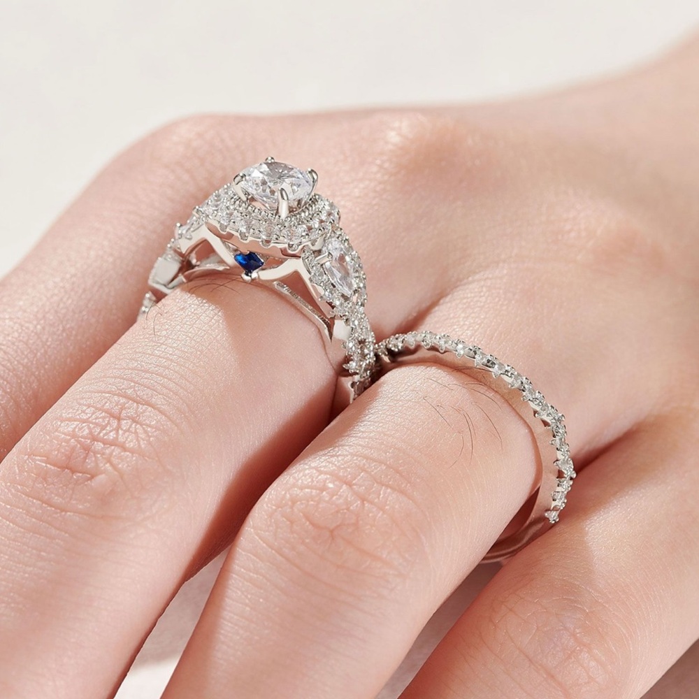 Silver Diamond Halo Engagement Ring Set Wedding - Picture 3 of 14